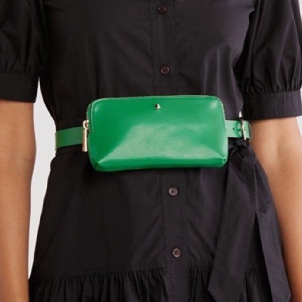 Kate Spade New York Zip Top Leather Belt Bag, Vibrant Green, Size S/M, NWT